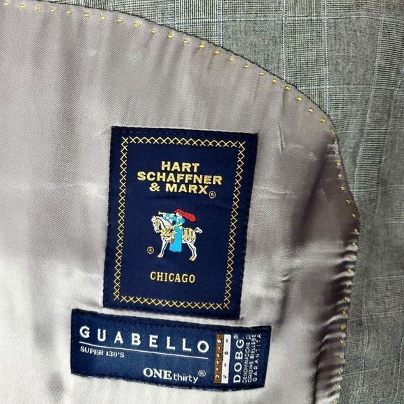Hart Schaffner Marx Guabello Super 130s Wool 2 Button Blazer 42R Gray Plaid Blue - Picture 7 of 11